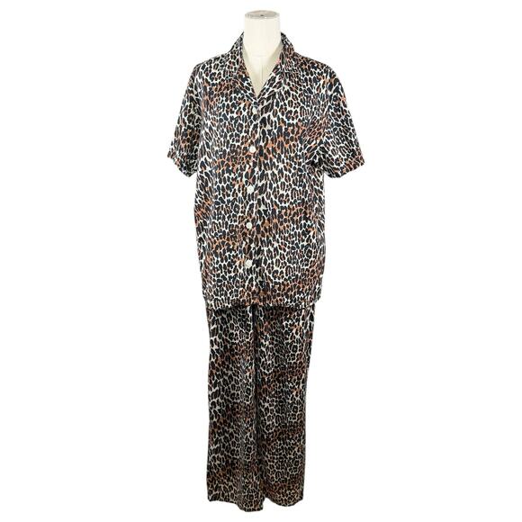 Allison Rhea 100% Cotton Pajama Set Leopard Print Button Top Pants | Medium - Picture 2 of 13